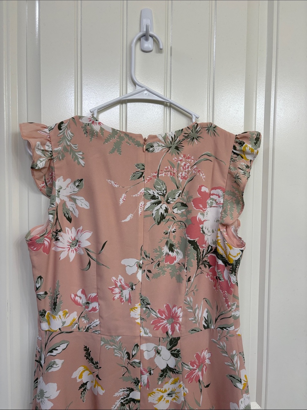 LOFT Peach Floral V-Neck Ruffle Sleeve Dress - Picture 8 of 9